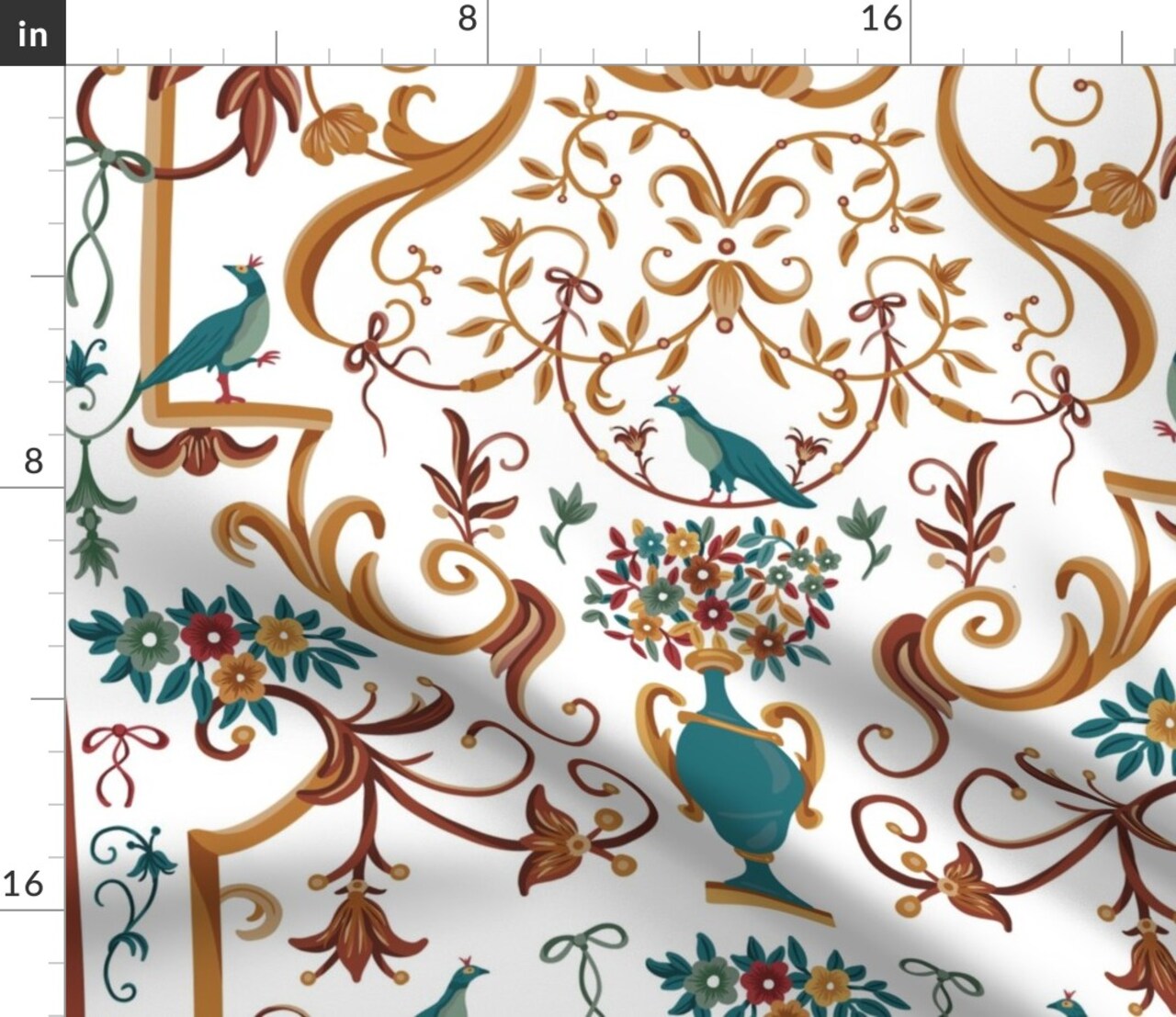 White Floral Birds Ribbons Vase Italian Naples Baroque Palace Villa Mediterranean Botanical Fresco Rococo Large Scale Custom Printed Fabric by Spoonflower Various Fabrics by the Yard or Fat Quarter
